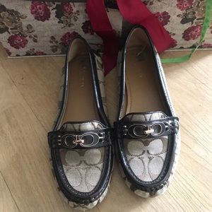 Brown and gold coach loafers